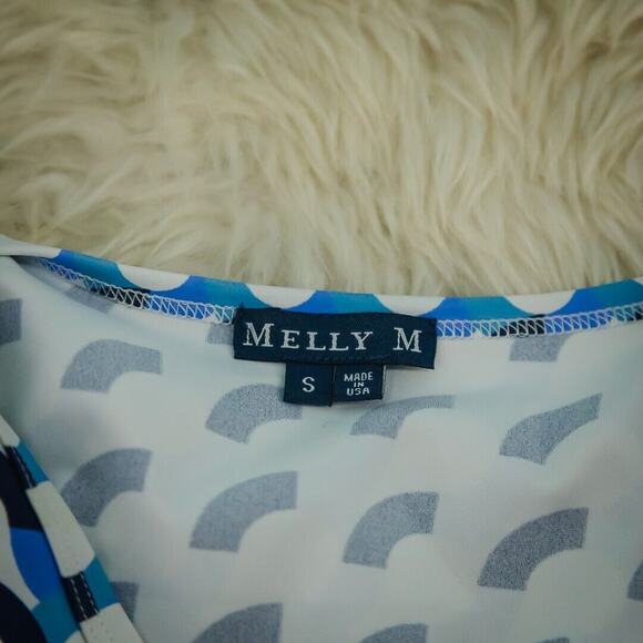 Melly M Size Small S Top Blue Geometric Print V Neck Long Sleeve Catalina Cloth - Picture 3 of 8